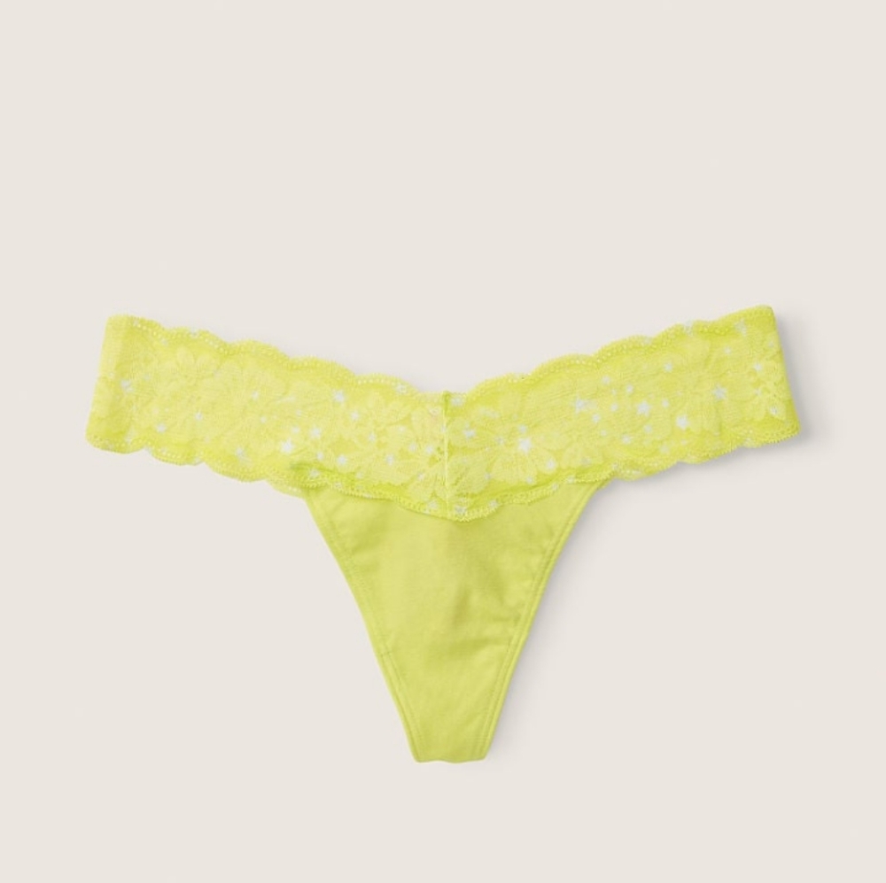 PINK VS Everyday Lace Trim Thong Panty Green Spring w/ Star Lace NWT NIP